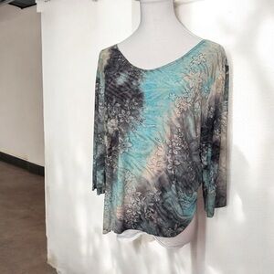 Vintage Floral turquoise glitter top Fairycore whimsy renaissance dreamy L